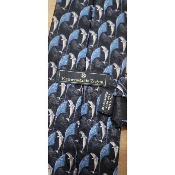 Ermenegildo Zegna Neck Tie Silk Dolphin All Over Print Made In Italy Mens - Picture 4 of 7
